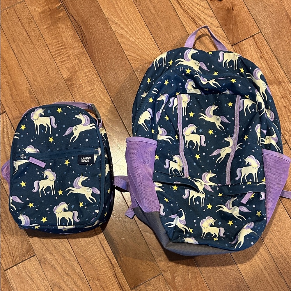 Lands' End Navy and Purple Unicorn Backpack Set
